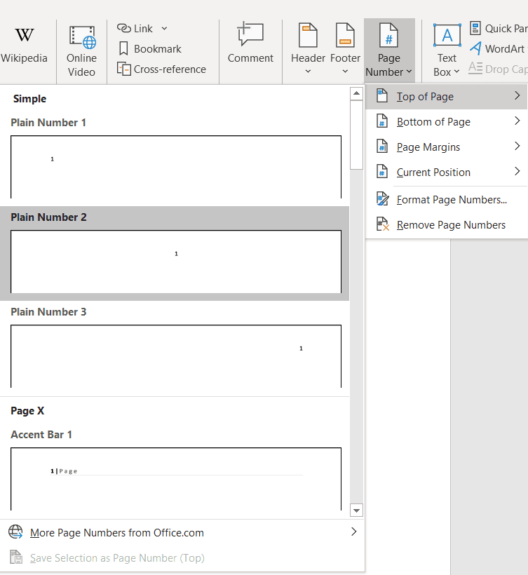 Inserting page numbers in the header of a Word document