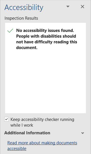 No accessibility issues found. People with disabilities should not have difficulty reading this document.