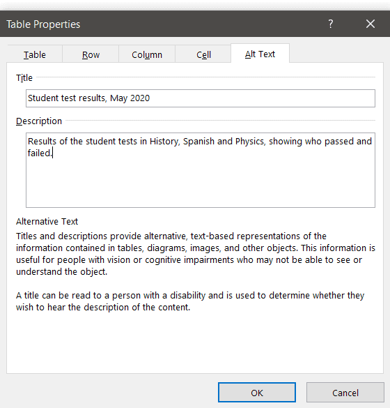 Table Properties Alt Text tab, showing a title and description for the table. (To see this dialog box, right-click the table and select Table Properties from the context menu.)