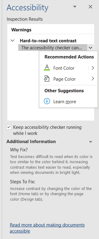 The accessibility checker recommends changing the font color or page colour