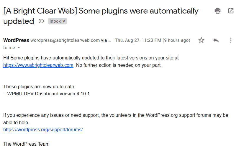 Email with subject line Some plugins were automatically updated