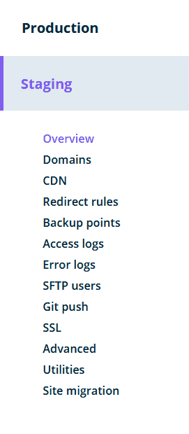 WP Engine staging site options