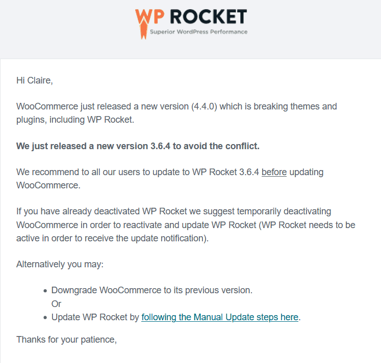 WP Rocket email about a plugin conflict