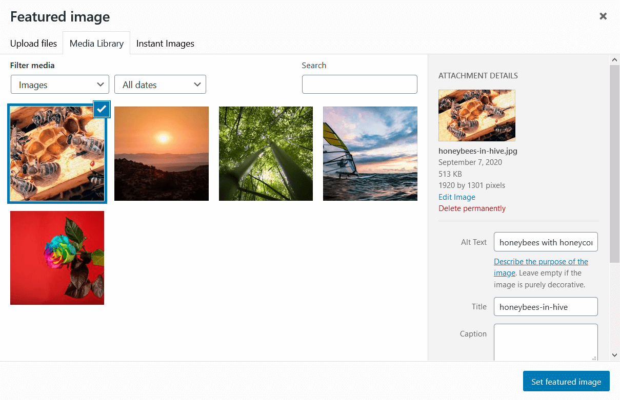 Selecting a featured image from the Media Library