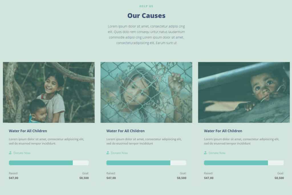 Gutentor Our Causes block from Charity  template kit
