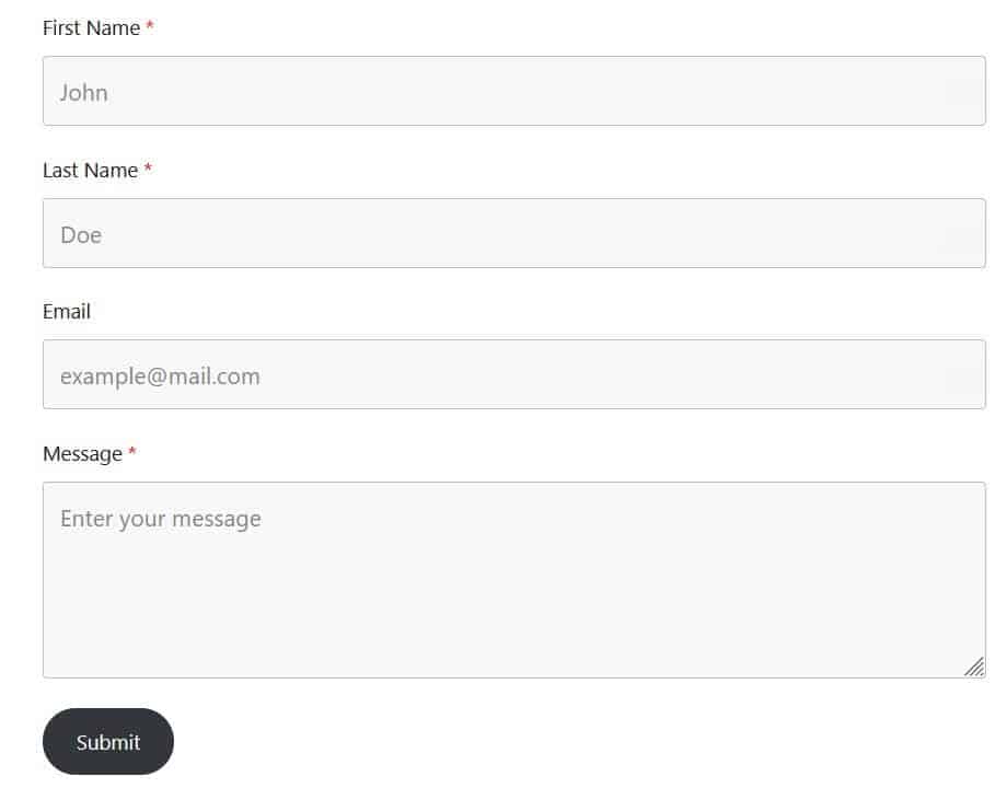 Spectra Form block showing a simple contact form