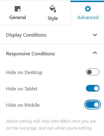 Spectra Responsive Conditions settings with hide on tablet and hide on mobile enabled