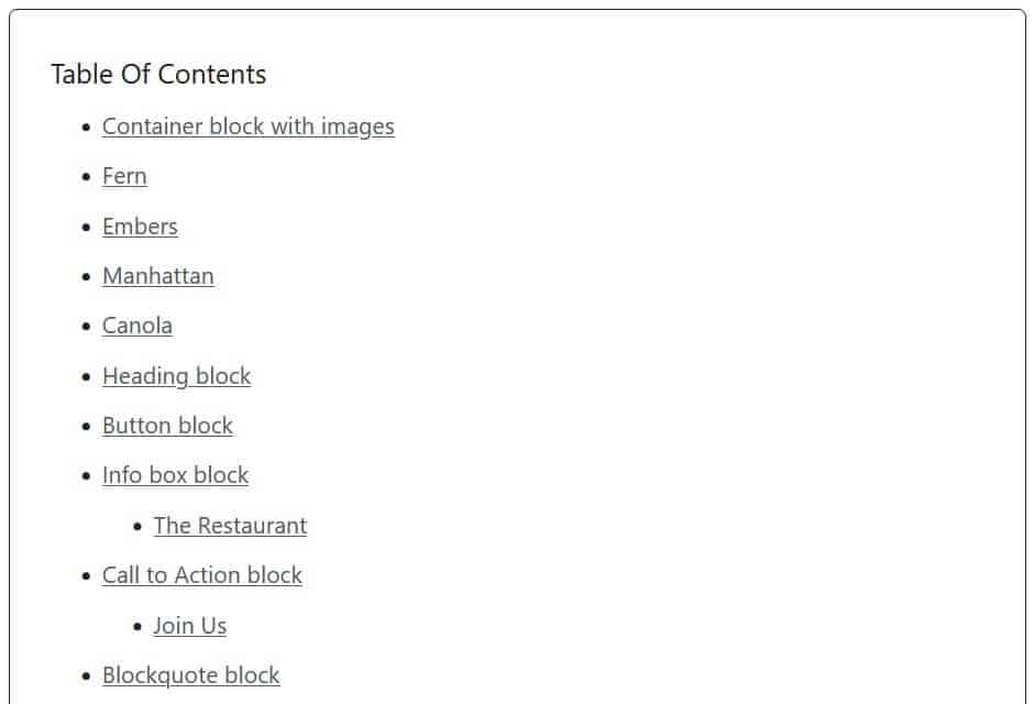 Spectra Table of Contents block