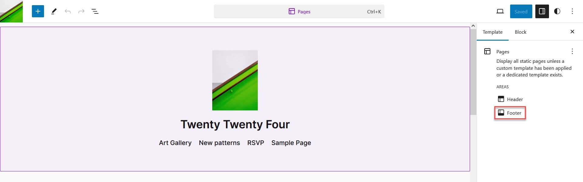 Twenty Twenty Four select footer to replaces on Pages template