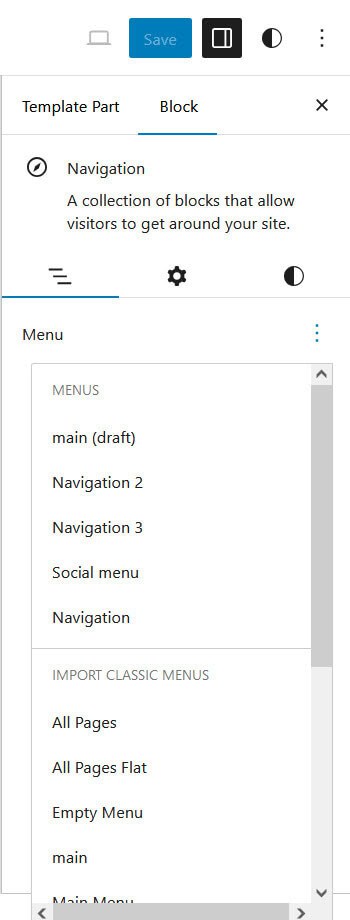 Navigation block showing menus