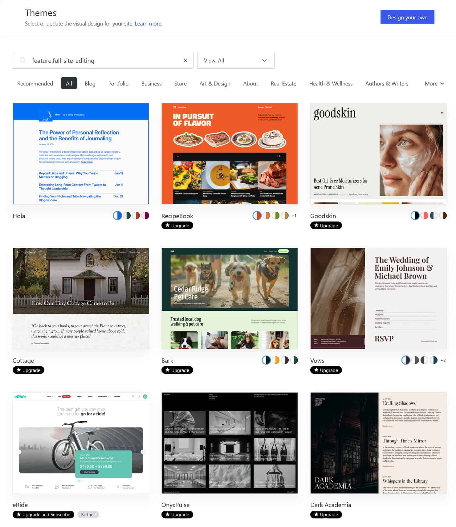 Some block themes on wordpress.com