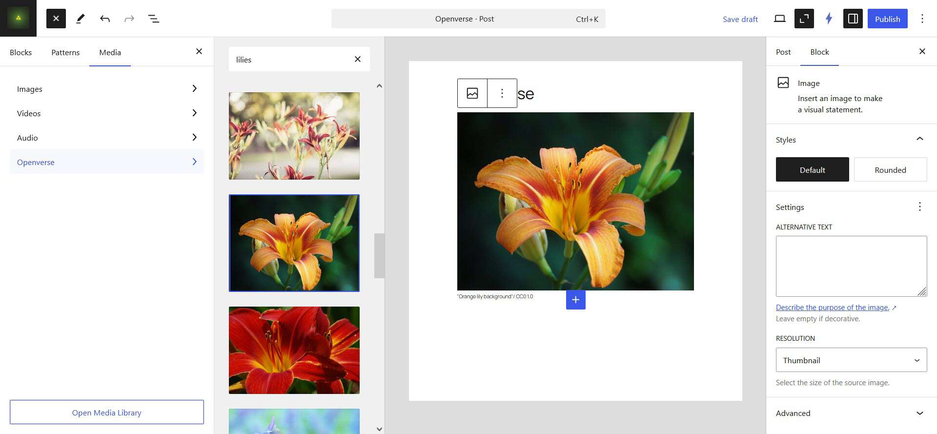 Add an image with Openverse