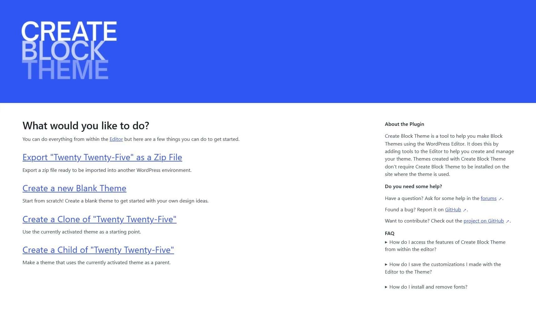 Create Block Theme settings page
