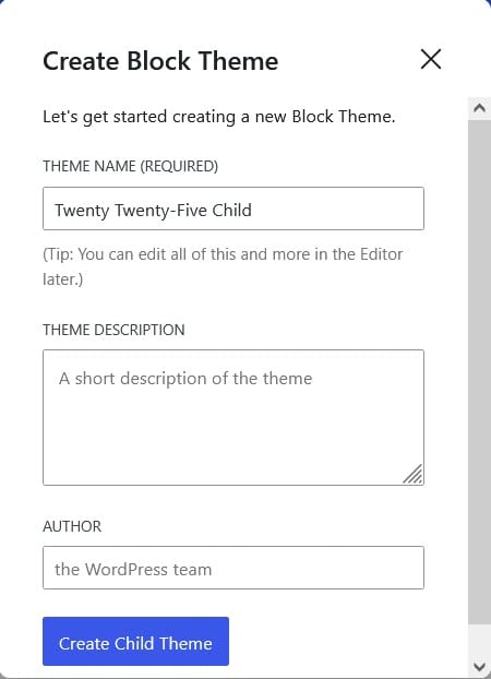 Create a child of Twenty Twenty-Five