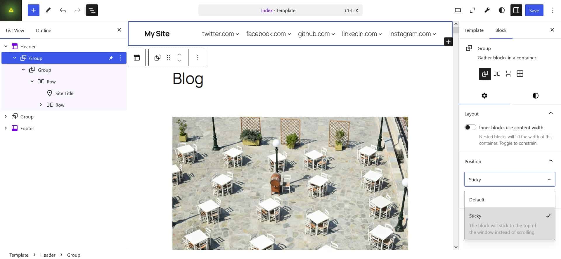 The Group block's Position menu showing the Sticky option