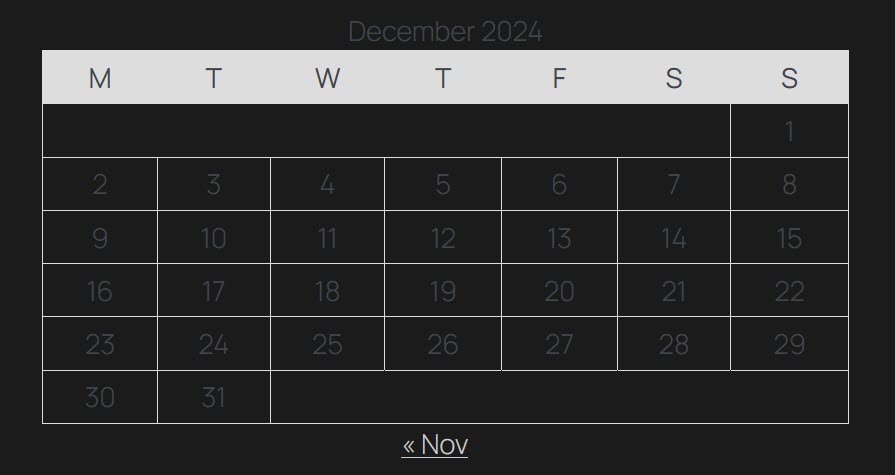 Twenty Twenty-Five Calendar block in the Evening style variation