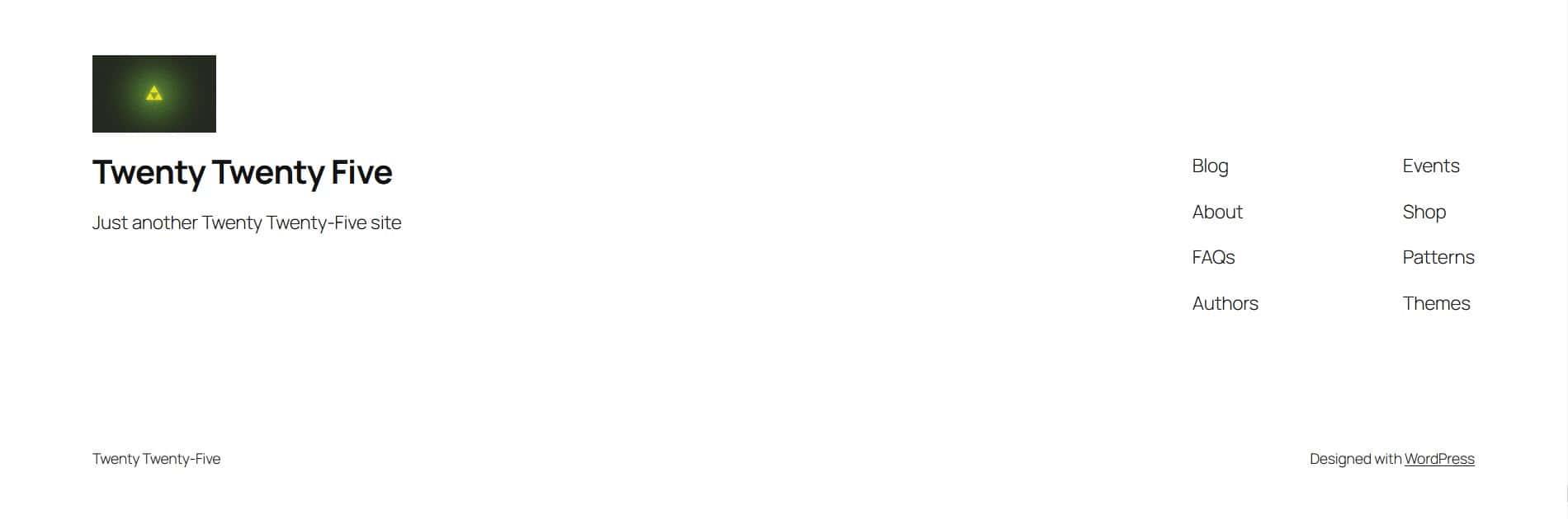 The Twenty Twenty-Five default footer shows a site logo, site title, tagline in one column and two lists of links in columns two and three