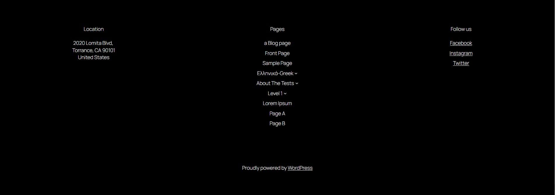 The fullwidth footer with background color and three columns has a dark background and shows location, pages and social links