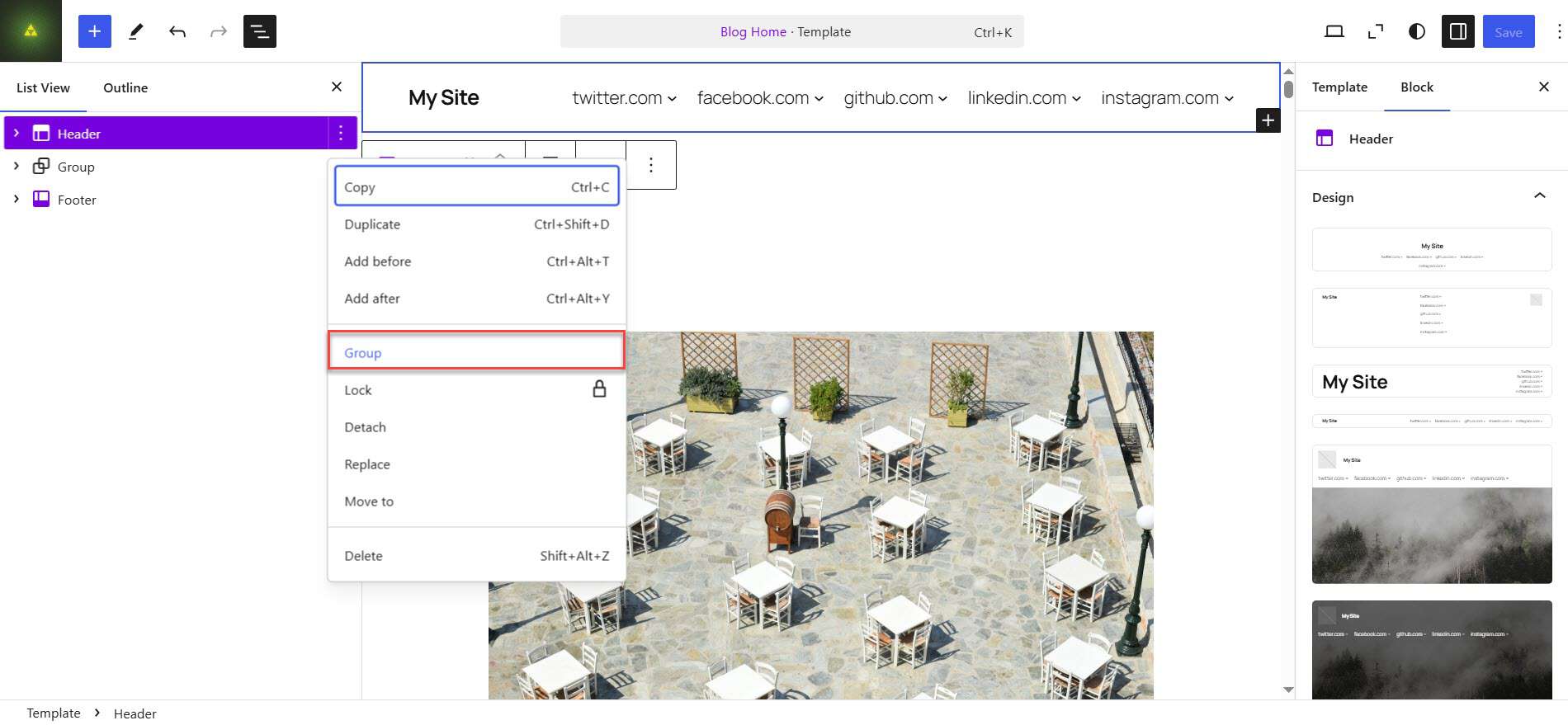 Selecting the Header and the Group option