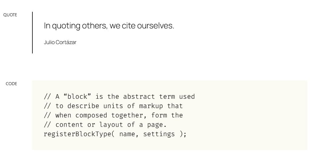 Quote block using Manrope and Code block using Fira Code typography
