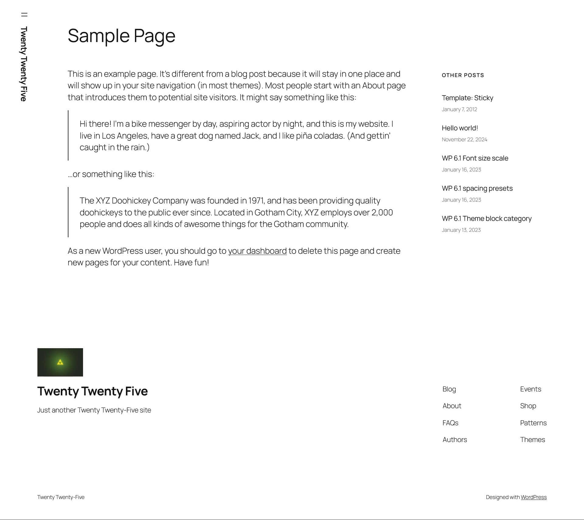 Twenty Twenty-Five Page template for the right-aligned blog