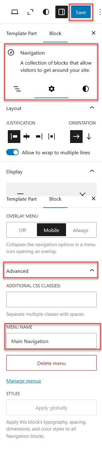Renaming a menu in the Navigation block