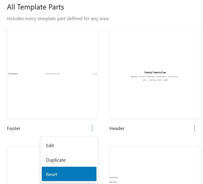Reset a template part in Twenty Twenty-Five 