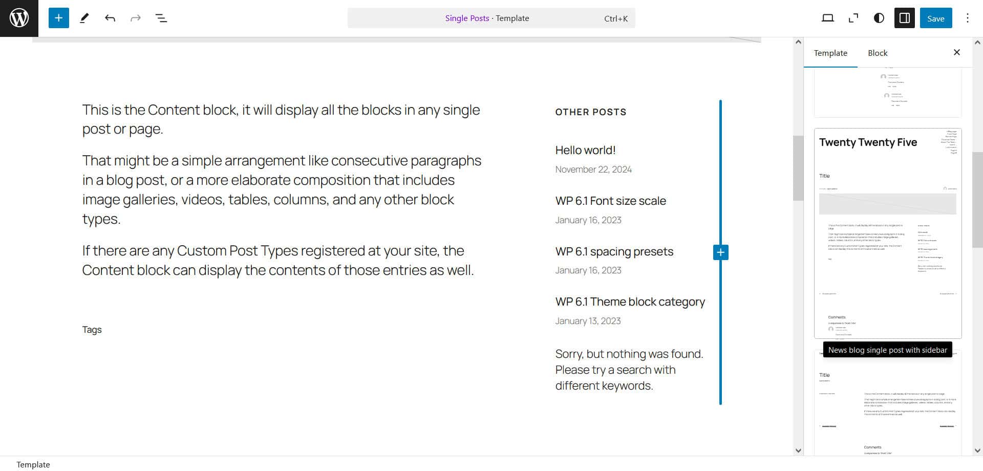 Single Posts template with the News blog single post with sidebar