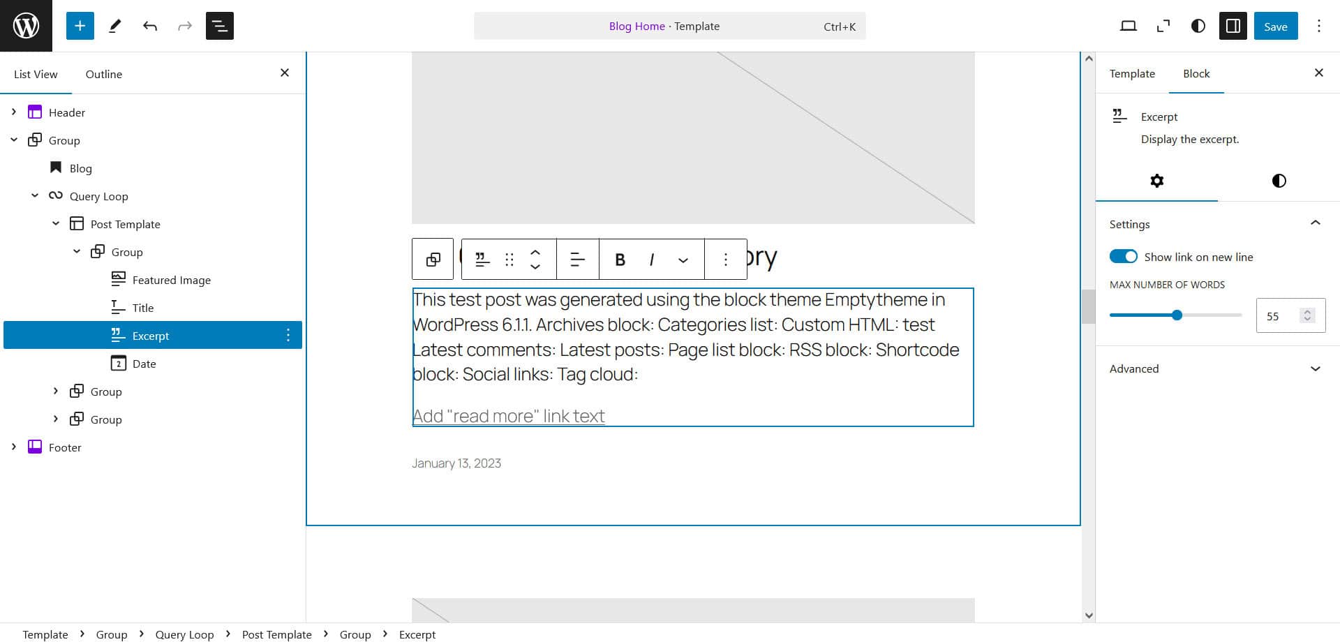 Editing the Blog Home template to show the excerpt in Twenty Twenty-Five 