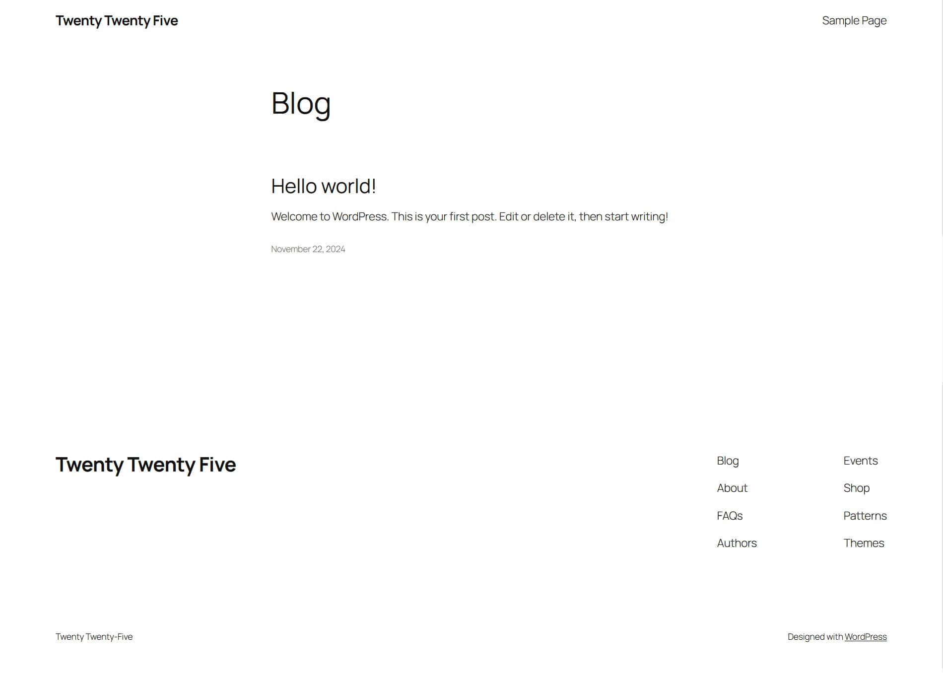 The default look of a new Twenty Twenty-Five install showing the Blog Home template