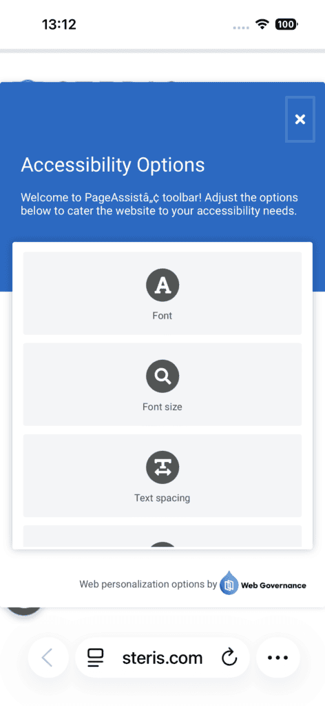 Acquia PageAssist overlay on steris.com on mobile