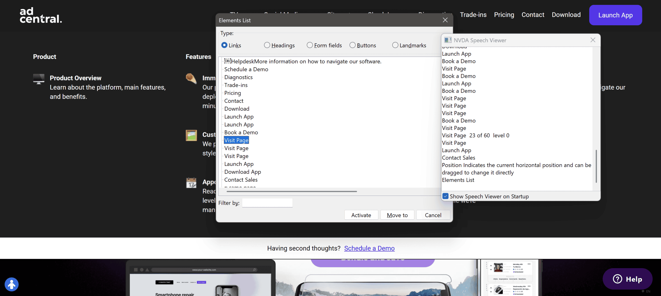 AdCentral site as seen by NVDA, showing multiple Launch App and Visit Page links