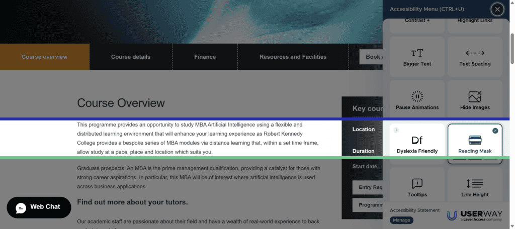 UserWay overlay reading mask on University of Cumbria site