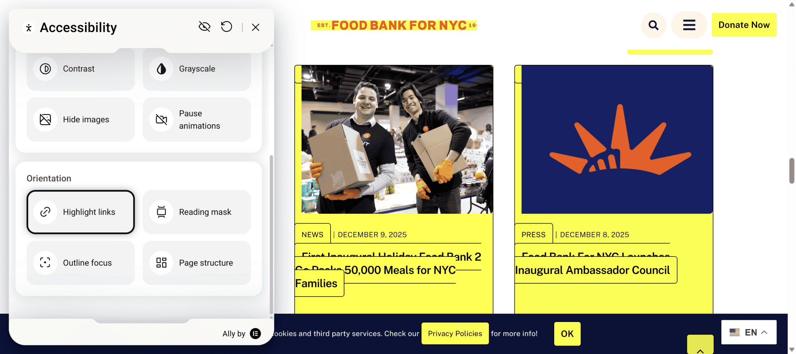 Ally overlay with the Highlight links option enabled makes the links overlap