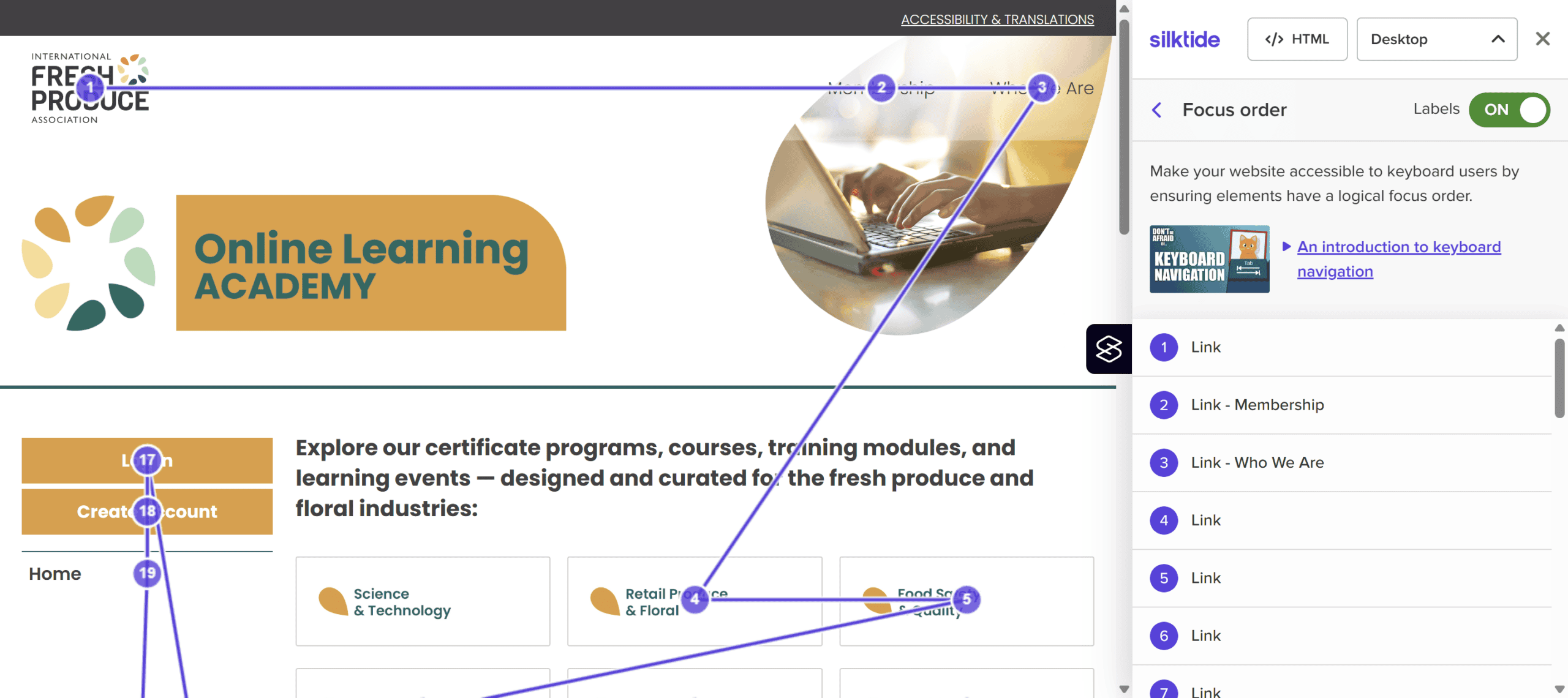 Focus order for the International Fresh Produce Association site misses out the accessibility link