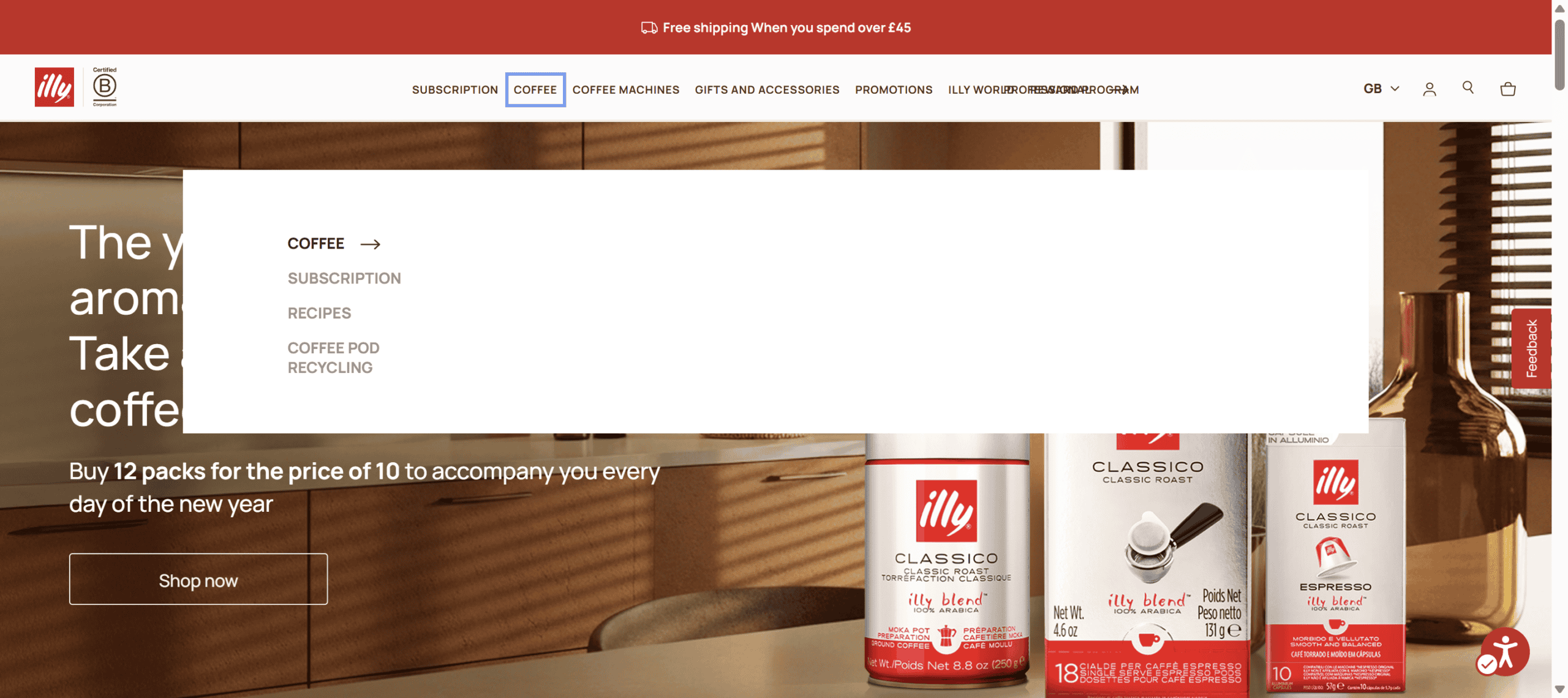 Illy GB Coffee visible mega menu options for a keyboard user