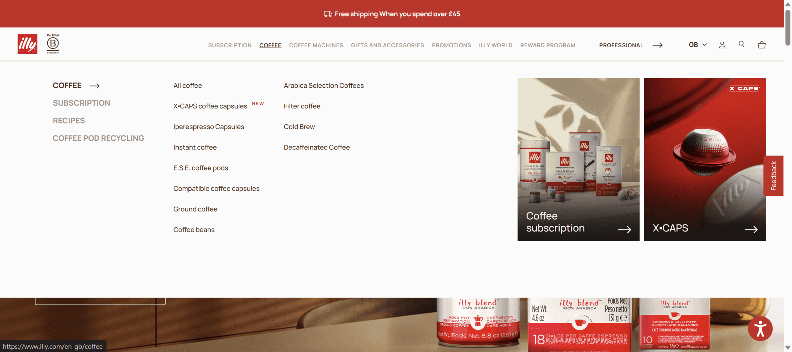 Illy GB Coffee mega menu options for a mouse user