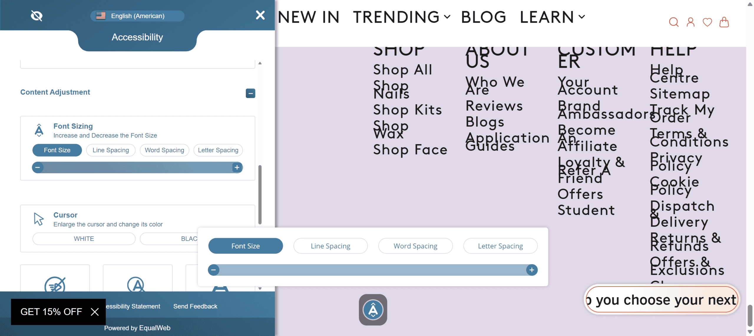 Mylee website footer with EqualWeb increased font size links overlapping