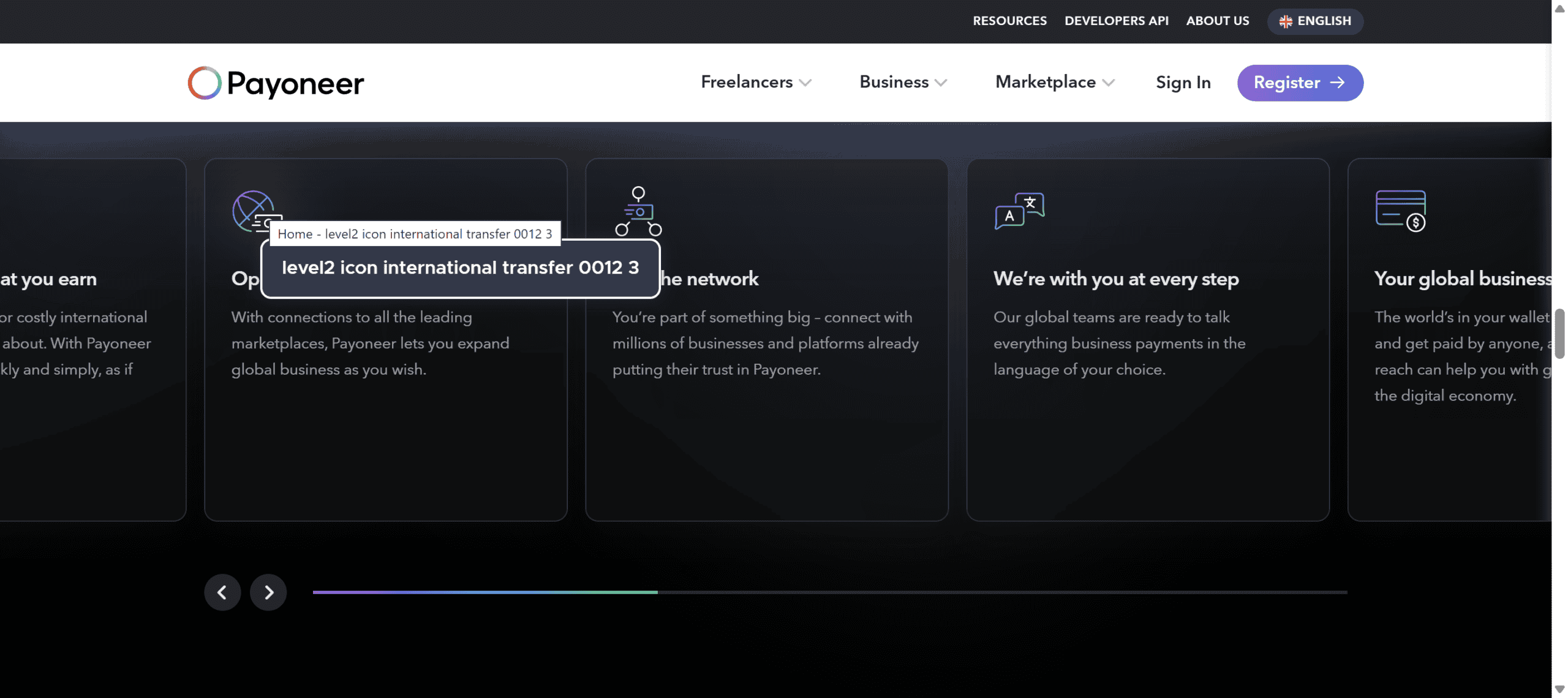 Payoneer site showing a filename as alt text and title for an SVG icon