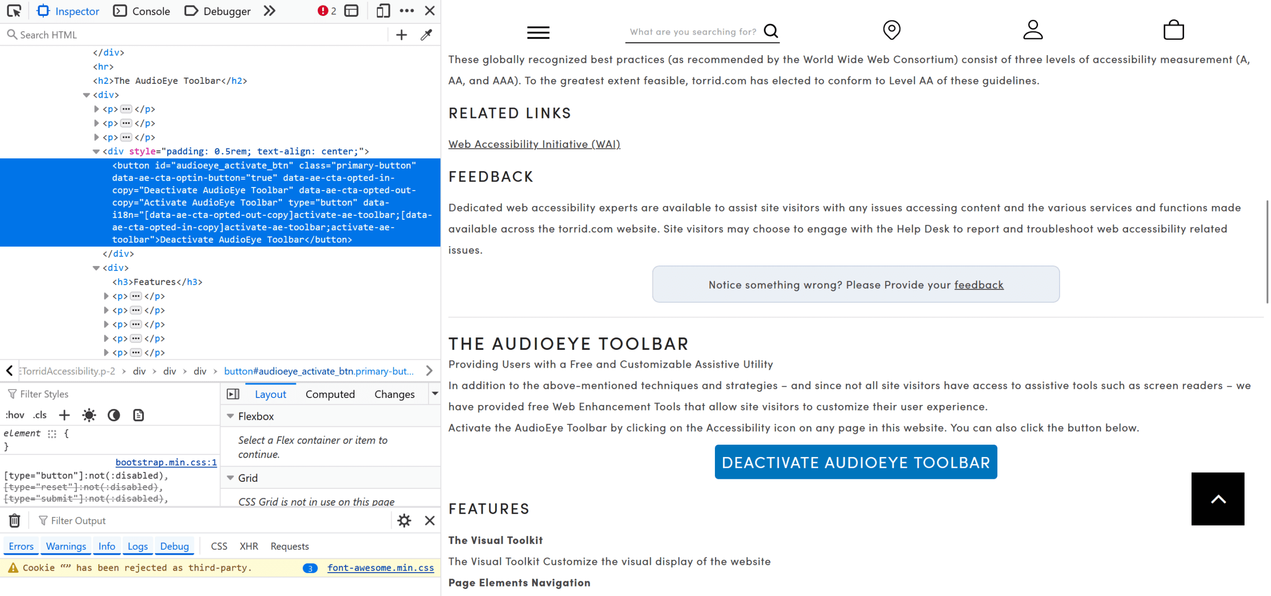 The AudioEye icon on Torrid.com is missing on Firefox browser with ETP