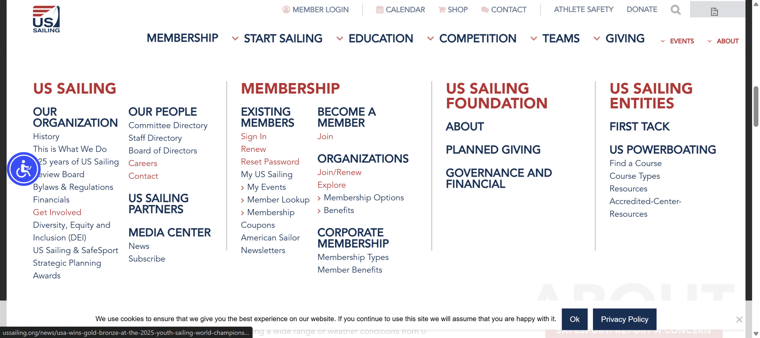 US Sailing website with a persisting mega menu